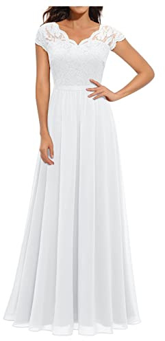 Abendkleider Elegant Für Hochzeit, Bodenlanges Kleid Damen Hochzeitsgast Outfit Spitze V-Ausschnitt Brautjungfernkleider Ballkleid Bodenlang Langarm Cocktailkleid Kleid A Linie (Weiß,L)