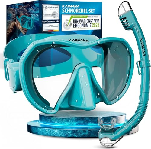 KAIMANA® Schnorchelset für Erwachsene aus gehärtetem Sicherheitsglas (Taucherbrille & trocken-Schnorchel), Bequeme Taucherbrille Erwachsene mit Silikon oder Stoffband inkl. Tragetasche