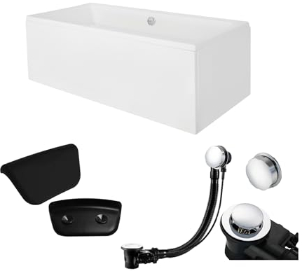 BADLAND Premium Set 5in1 Badewanne Rechteck Acryl Weiß Wanne QUADRO 175x80 cm, Made in EU + Verkleidung (Acrylschürze) + Nackenkissen KODI, Moderne Design, mit Ablaufgarnitur und Füßen