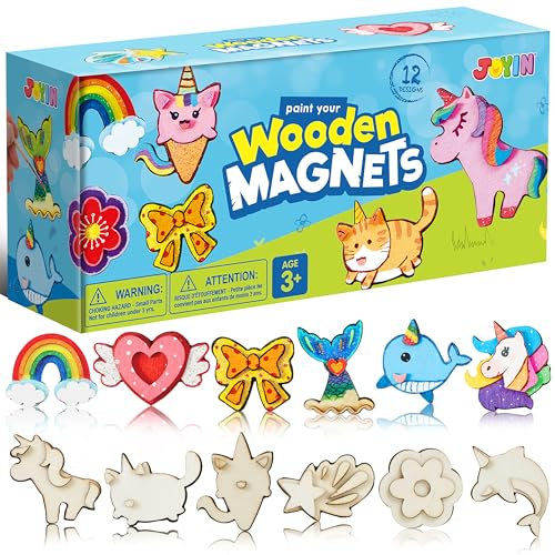 JOYIN Juego de imanes de madera de fantasía de 12 piezas, juego de manualidades para niños de 3 a 12 años, juego de pintura con imanes de madera para pintar, regalos de cumpleaños