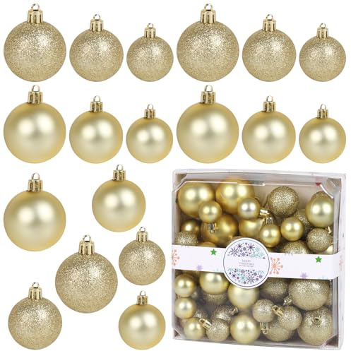 DERAYEE Boules de Noël, lot de 44 pièces 3 cm/4 cm/5 cm Boules de Noël pour décoration d'arbre de Noël, ornements d'arbre de Noël (Or)