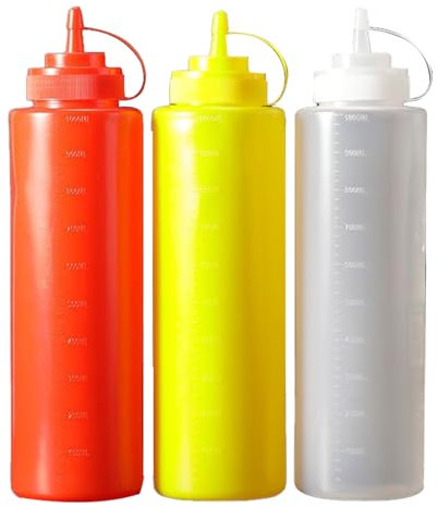 Bottiglia Squeeze Riutilizzabili,3pcs 1000ml Bottiglie Spremi Condimento,Prova di Perdite,Flacone Dosatore Grandi in Plastica,per Ketchup,Salsa Barbecue, Mayo (Rosso, Giallo, Bianco).