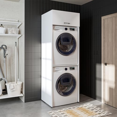 ROOMART Armoire de machine à laver Duo, armoire pour sèche-linge et machine à laver, superstructure de machine à laver, étagère de salle de bain pour buanderie, H x l x P : 176 x 67 x 65 cm (blanc