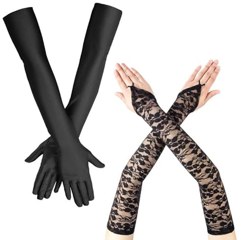Celiodd Lot de 2 paires de gants longs noirs pour femme, en dentelle, pour Halloween, carnaval, fête, bal, opéra, remise de diplôme
