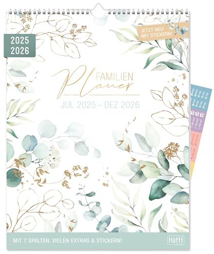 Häfft® Familienplaner XXL 2025/2026 mit 7 Spalten Blattgold Wandkalender 33 x 44,3 cm Familienkalender, Wandplaner Laufzeit 18 Monate: Jul 25 bis Dez 26 - nachhaltig & klimafreundlich