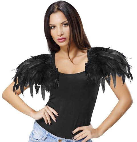 AUNGKWANG Damen Gothic Federkragen, Federkragen Federumhang, Feder Achselzucken, Schulterpolster aus Federn, Damen Erwachsene, Schal Schulterumhang für Halloween Cosplay Party Kostüm (Schwarz)