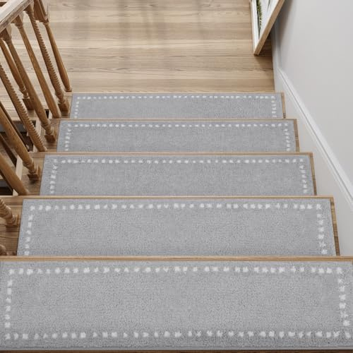 SIXHOME Marchettes d'Escalier 20cm*76cm 15PCS Anti Derapant Tapis Moquette Escalier Moquette Autocollante Tapis d'Intérieur Antidérapant avec Adhésif Réutilisable (Gris)