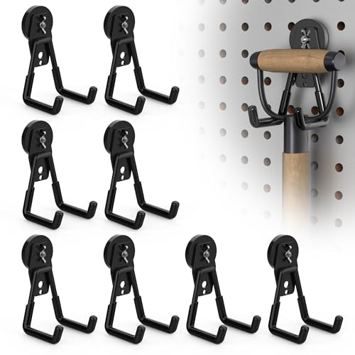 Robuste Magnethaken, Doppelhaken für Garagen- und Gartengeräte, große Magnethaken, starke magnetische Aufbewahrungshaken (8 Stück, schwarz)