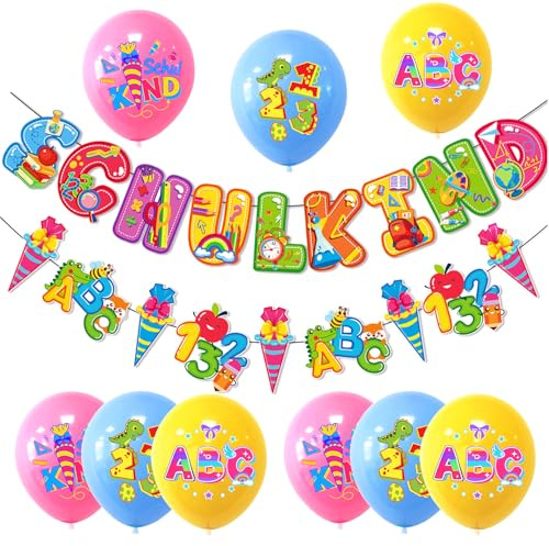 Einschulung Deko Girlande Schulanfang Banner,Schulkind Schuleinführung Schulstart Banner,9 ABC 123 Zuckertüte Luftballons,Schulanfang Deko Junge Mädchen,für Schulkind Einschulung Party Dekoration