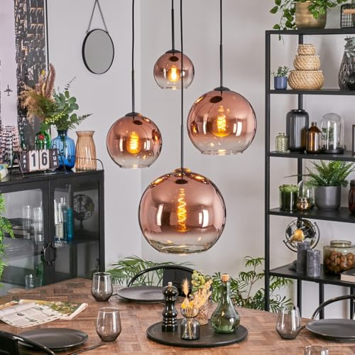 HOFSTEIN Hängeleuchte Koyoto, 4-flammige Hängelampe aus Metall/Glas in Schwarz/Kupfer/Klar, Pendelleuchte im Retro/Vintage-Design (Schirme Ø 15; 20; 25; 30 cm), E27, Esszimmer, Küche, Wohnzimmer