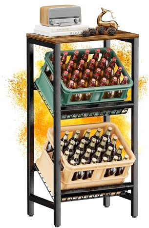 HFHOME Getränkekistenregal für 2 Kisten mit verstellbarem Ablage, Stabiler Metall Ständer Getränkekisten, Freistehend Kistenständer mit oberem Holzregal, Wasserkistenregal für Küche Keller Garage