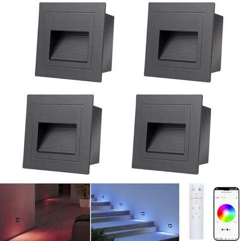 Arotelicht 4er LED Treppenbeleuchtung Bluetooth 230V RGBWW CW mit Fernbedienung, APP-Steuerung Treppenlicht 1.5W 68mm led Einbaustrahler Treppenleuchte Wandleuchte IP44 Innen Außen Stufenlicht Treppe
