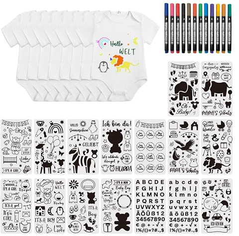 FloraVigo 8 Stückr Baby Zeichen-Onesie, Babyparty Zeichenset mit 16 Zeichenvorlagen und 12 Textilstiften für Babyparty-Spiele, bodys baby