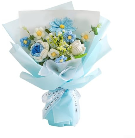 Bouquet di fiori all'uncinetto meticolosamente realizzato per anniversari e lauree, decorazione per casa e ufficio (blu)