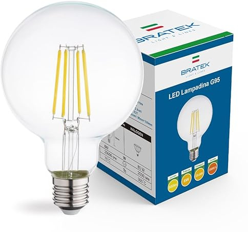 Bratek Lampadina Led E27 Luce Fredda Vintage 6500k 8w 880 Lumen - Lampadina Globo Vintage E27 Filamento Led Trasparente Equivalente 90w a Incandescenza o 80w Alogena