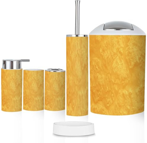 Bathroom Accessory Set 6PCS Stucco Yellow Gold Autumn Light Old Texture Faded Stone Plaster Wall Trash Can, Soap Dispenser, Toothbrush Holder, Toothbrush Cup, Toilet Brush Holder, Soap Dish for Gifts