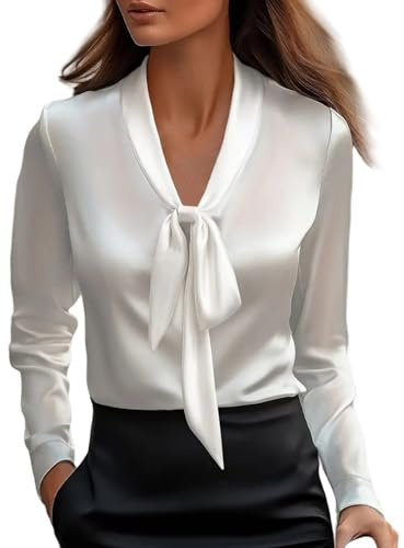 Chemisier habillé en satin à manches longues et col en V pour femme avec nœud papillon – Haut élégant pour les sorties décontractées et les occasions de fin de semaine, 1A - Blanc, M