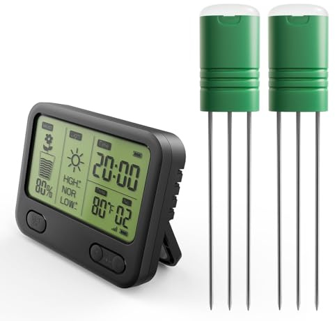 VODESON Boden Feuchtigkeitsmesser für Pflanzen,Gartenboden Temperatur/Feuchtigkeit/Sonnenlicht/Zeit /4-in-1 Feuchtigkeitsmessgerät Pflanzen für Gartenarbeit,Rasen (1 Monitor + 2 Sensoren)