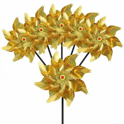 6Pcs Bird Repellent Windmills Reflective Bird Deterrent Garden Windmill Spinners Pigeon Repellent Windmills for GardenKids Garden Toys Wind Spinners for Protect GardenFruits Flowers Lawns (Gold)
