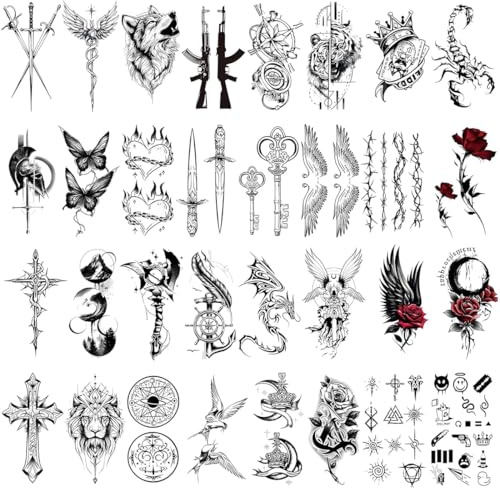 DOVBAN 32 Blatt Schwarz Temporäre Tattoos für Erwachsene,Wasserdicht Realistisch Sexy Piraten Blumen Schmetterling Gefälschte Tattoo Aufkleber Für Frauen Männer Arm Schwarz Halloween Party