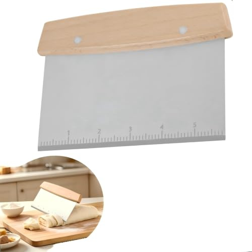 Degskrapa i rostfritt stål med handtag i bokträ, 16,3 x 11 cm stor bakverksskrapa, blad av livsmedelskvalitet, degkort med linjal och upphängningshål, kökshjälp för bakning, kakor, pizza och bakverk