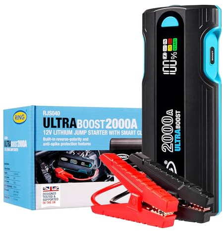 Ring Ultraboost 2000 A Batterie de Voiture démarre en Toute sécurité jusqu'à 8 litres Essence et Moteurs Diesel 4 litres - Booster de Batterie avec câbles de démarrage, Chargeur Rapide pour appareils