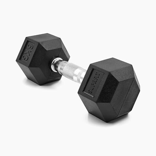 SUPRFIT - Hexagon Kurzhantel einzeln mit gummiertem Eisenkern - Fitness Gewichte Hanteln 1 x 6 kg mit rutschfestem Chromgriff - Premium Kurzhantel für Calisthenics, Krafttraining & Crossfit Übungen