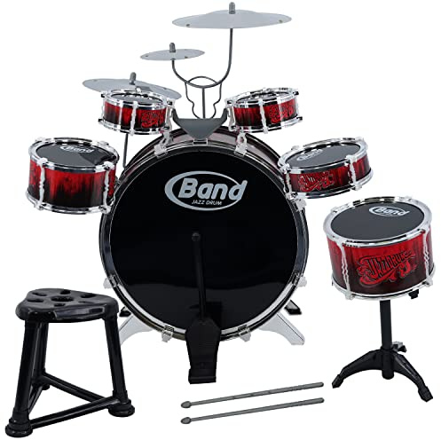 The Magic Toy Shop Large Kids Drum Set - Red & Black Junior Jazz Percussion Kit with 6 Drums, 3 Cymbals, Stool & Pedal - Beginner Musical Instrument Toy for Boys & Girls Age 3+