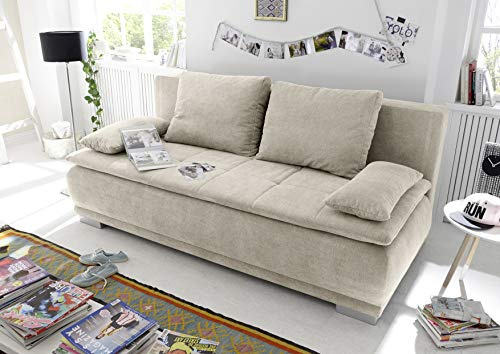 Stella Trading LUIGI Bequemes Schlafsofa mit Bettkasten, Stoffbezug Sand - Klappbares Sofa mit Schlaffunktion und fest vernähtem Schaumtopper - 211 x 93 x 103 cm (B/H/T)