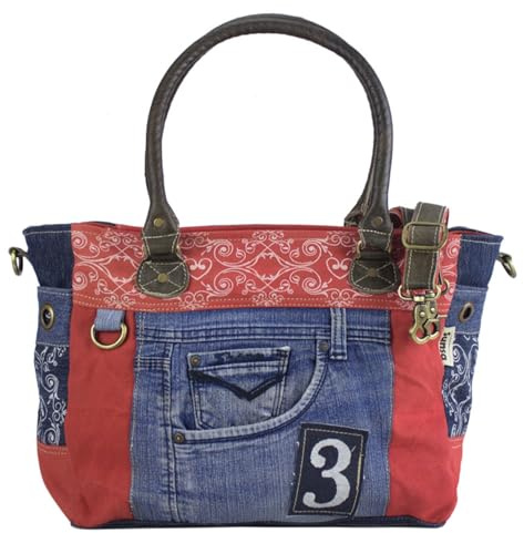 Sunsa Damen Tasche Schultertasche in rot/blau Handtasche aus Jeans & Canvas | Nachhaltige Umhängetasche in Vintage Stil. Shopper mit abnehmbaren Schultergurt Crossover Bag. Jeanstasche DIN A4 geeignet
