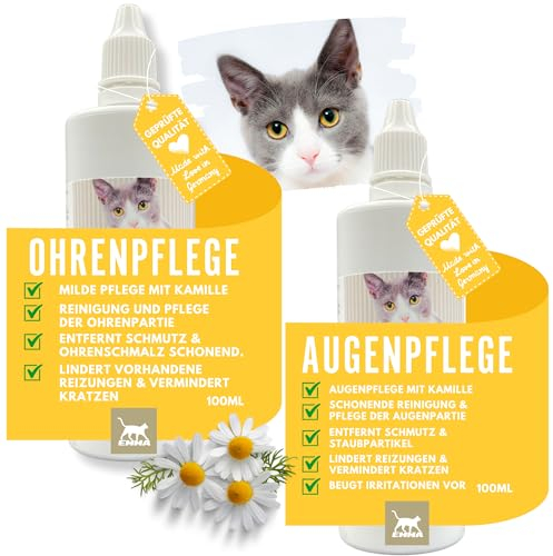 EMMA Augentropfen Katze & Ohrenreiniger Katze - Ohrentropfen Katze - Erste Hilfe Set Katze • Ohr Reinigung gegen Juckreiz & Schmutz • Ohrenpflege Ohrreiniger Tränenfleckentferner Kamille 2x100ml