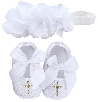 Bow Dream Baby Girl Baptism Christening Shoes and Headband Set White Reinstones 0-3 Months