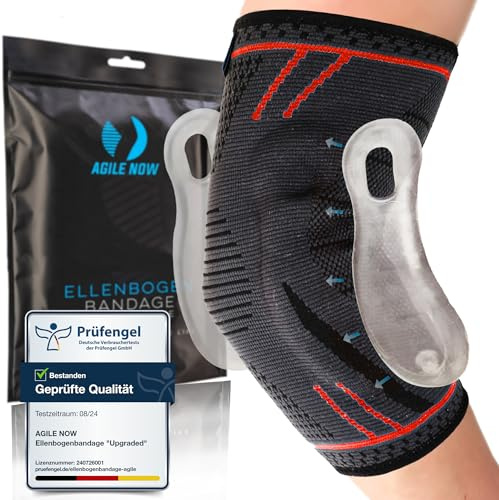 AGILE NOW® Ellenbogenbandage Upgraded stabilisiert & schützt die Gelenke, rutschfeste Tennisarm Bandage mit Curved-Gel-Pads, geeignet für alle Sportarten wie Tennis, Gewichtheben & Golf (XL | Rot)