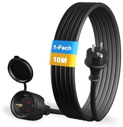 YIDE Verlängerungskabel 10m Outdoor Gummi Verlängerung mit Schuko Stecker für den Außenbereich IP44 Kabelverlängerung H05RR-F 3G 1,5mm² 3500W Elektrokabel außen mit Schutzkappe Schwarz