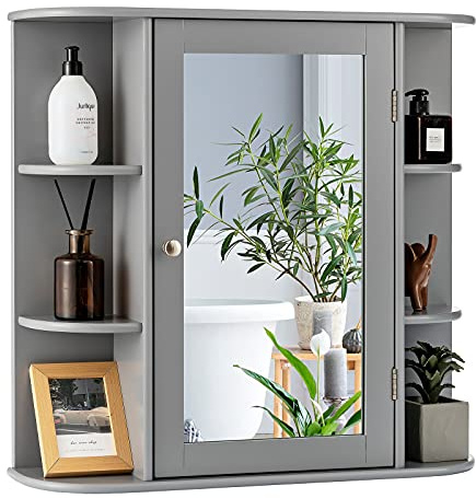 COSTWAY Bathroom Mirror Cabinet, Single Door Wall Mounted Storage Cupboard with Fixed/Adjustable Shelves, Home Office Living Room Display Organiser Unit (Grey, 65 x 17 x 64cm)