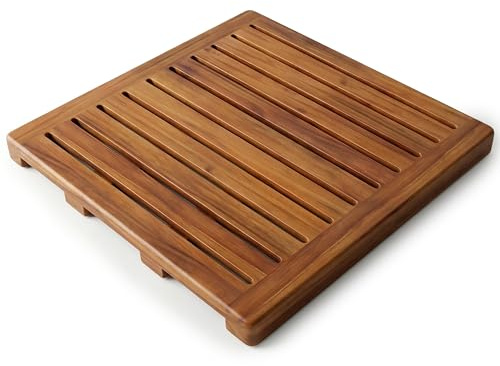 Acacia Wood Shower Mat 21x21 Inches by Demigo, Luxury Bath Mat Non Slip for Bathroom Bathtub Shower Spa Garden Home, Wooden Floor Mat Square Large for Outdoor and Indoor