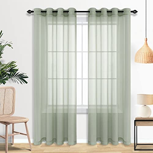 Mrs.Naturall Airy See Through Sage Green Curtains 52x96 Inches Long for Living Room 2 Panel Sets Grommet Faux Linen Light Green Window Voile Sheer Curtains for Girls Kids Bedroom 96 Inch Length