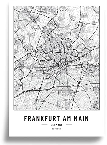 Affisch stadsplan A3 svart vit, papper 250 g. Bild för vardagsrum och sovrum, många stadsmönster, minimalistisk affisch, perfekt presentidé, utan ram, affisch Frankfurt am Main