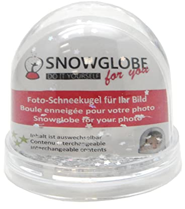 Foto-Schneekugel groß | Inhalt Silber Sterne | mit 2 x Bild | Sockel transparent | Schneekugel Glitzersterne | B: 9 cm H: 8 cm 2 Malvorlagen | Foto-Geschenk Bilderrahmen | 50011