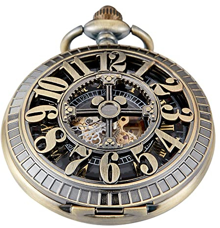Tiong Bronze Mechanical Pocket Watch Manipulator Winding Pocket Watches Gift, Roman Numerals Mechanical Pocket Watches for Men