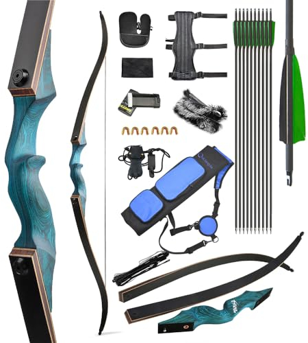 surwolf 60 Zoll Bogenschießen Jagdbogen Recurve Bogen 20-60 lbs Takedown Recurve Bogen Adult Sports Bow Langbogen Bogenschießen Bogen und Pfeil Set für Rechtshänder（Blau Set,20lbs）