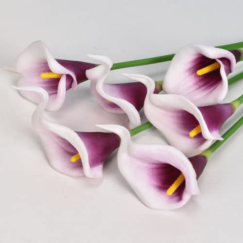 Lirios de cala artificiales, lirio de cala de látex realista con tallo de poliuretano suave, elegante decoración de flores para boda, fiesta, oficina, arreglos florales de bricolaje(30, morado claro)