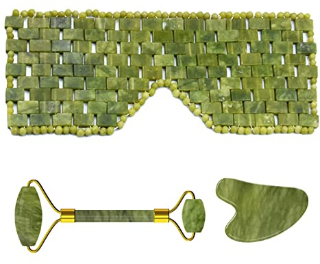 Jade Cooling Schlafmaske Für Augen Gesichtsmassage Naturstein Jade Roller Gouache Scraper Massager Roller Set Jade Eye Mask,3-teiliges Maskenset A