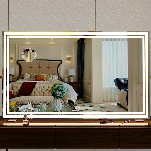 BEAUTME Schminkspiegel mit Beleuchtung, 3 Farbmodi LED, 101,6x61,7cm,Silber | 10‑fache Vergrößerungsspiegel, stufenlose Helligkeitsanpassung, 3 flexible Montageoptionen für Schminktisch & Wandplatzierung