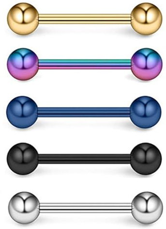 ROSTIVO Tongue Rings for Women Stainless Steel Stud Barbell Tongue Ring for Men 14 Gauge Mix-color Piercing Jewelry 5 PCS