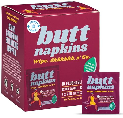 Butt Napkins - Water-Based Flushable Wipes, Individually Wrapped, For On-The-Go & Travel, Running, Camping, Festivals. Unscented & Hypoallergenic, Adult Sized (Running, 10 Count (Pack of 1))