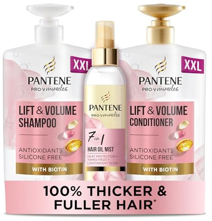 Pantene Lift and Volume Shampoo and Conditioner Set with hair oil, heat protection spray, silicone free thickening shampoo, hair thickening products