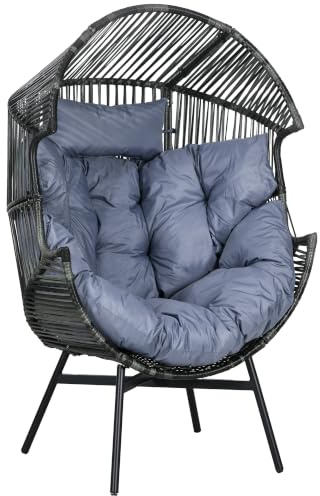 Outsunny Garden Egg Chair 14cm Thick Seat Cushion PE Rattan Mixed Grey | Leisure Chair, Comfortable Headrest, Adjustable Feet, Steel Frame