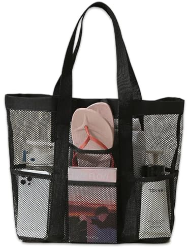 Sac de Plage pour Femme, Grand Sac Cabas, Sac de Courses, Grand Sac Fourre-Tout de Plage, Sac de Plage en Maille avec Plusieurs Poches, pour Plage Voyages Gym Piscine Rangement