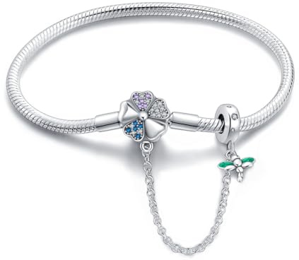 LONGLUCK Bracciale da donna 925 in Argento Sterling Bracciale d'argento con catena a serpente, libellula e trifoglio con 5A Cubic Zirconia, regalo per le donne